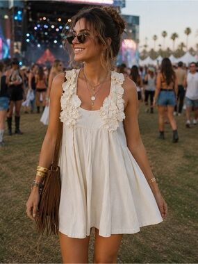 H&M 100% Cotton Dress Fairycore Boho Floral Whimsical Coquette Cream Size 2